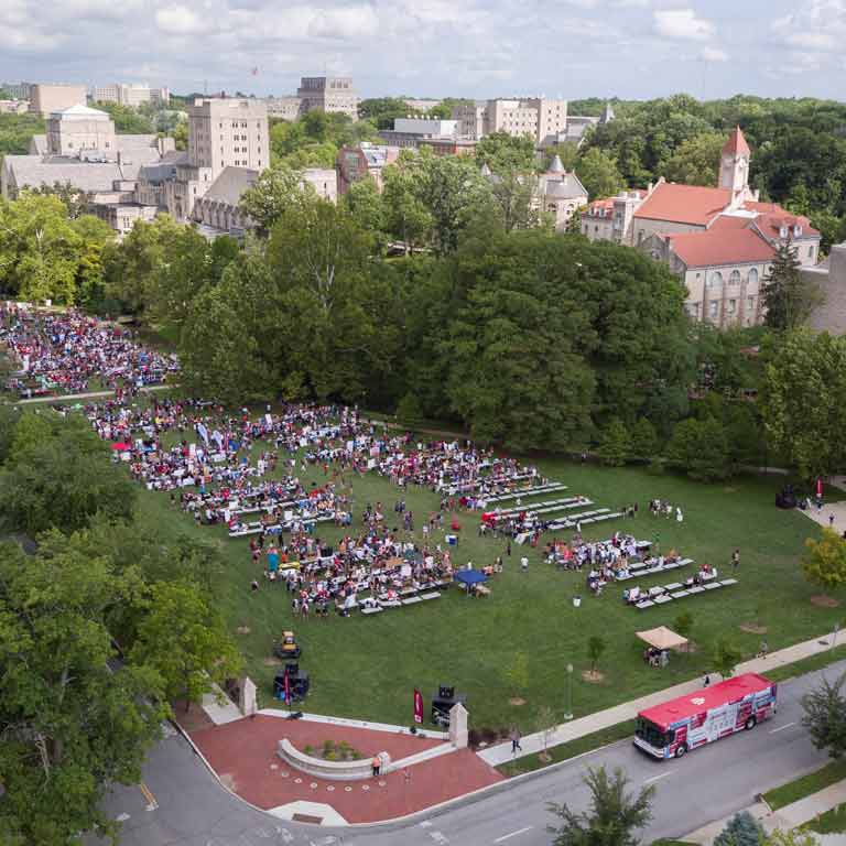 aerial view of large student event crowd on campus